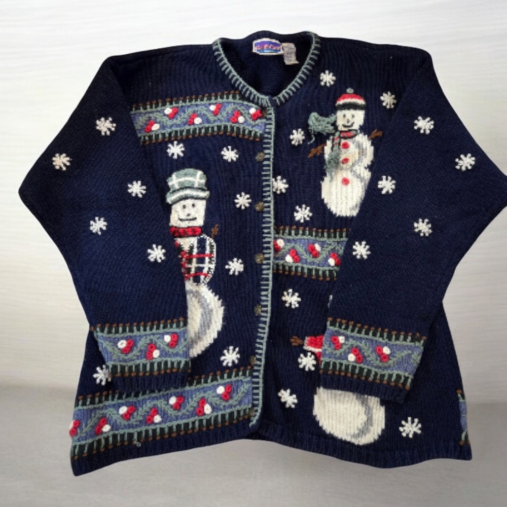North Crest ladies woman Navy Blue Snowman Holiday Ugly Christmas Sweater Size L